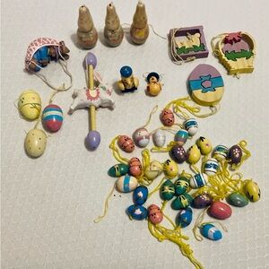 Wooden Painted Colorful Easter Decor. Eggs, Bunnies